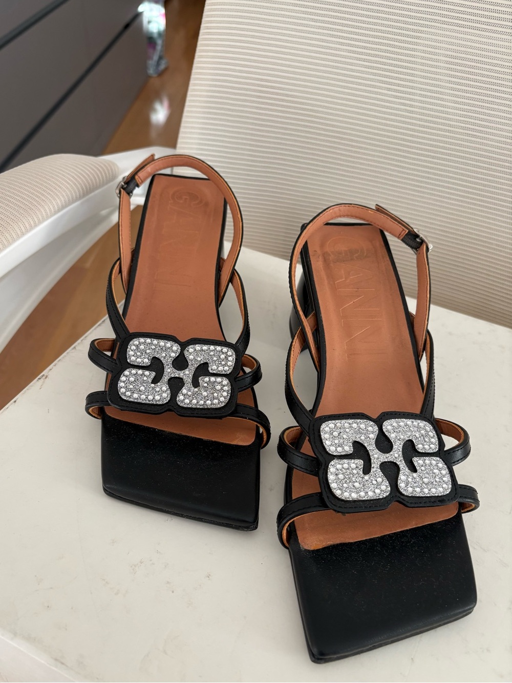 GANNI embellished logo heels